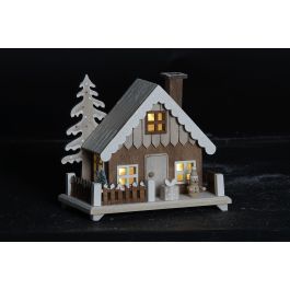 DKD Home Decor Decoracion Luminosa Navidad Tradicional Casa Madera Led Marron Claro Blanco 12 x 16 x 19 cm (2 Unidades)