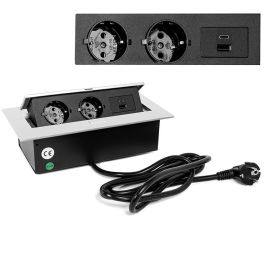 Herrajes Alk R9006 Regleta Enchufes Basculante Konex 2x Schuko 2x USB (Tipo C) Aluminio Plata Mate para Empotrar/Sobreponer