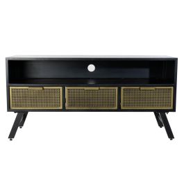 DKD Home Decor Mueble TV Vintage Rejilla negro Metal Negro Dorado 3 Cajones 125x41x62 cm