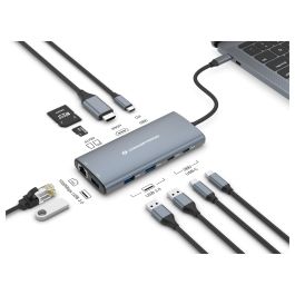 Conceptronic DONN06G Hub USB-C 10-en-1 con HDMI 4K, Ethernet Gigabit, 100W PD, 3xUSB-A, 3xUSB-C, Lector de Tarjetas - Gris