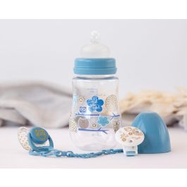 KioKids Set Biberón 250 mL, Chupete y Pinza Azul - Tetina Silicona Ortodóntica Anticólico para Bebés +6 Meses