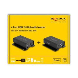 Delock Concentrador USB 2.0 4 Puertos Aislador 5 kV para Datos, Tipo A y B, Negro, Metal, para 0 - 40 °C