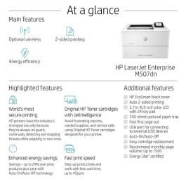 HP LaserJet Enterprise M507dn 1PV87A - Impresora láser, 1200x1200 DPI, A4, 43 ppm, dúplex, lista para redes, blanca