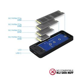 TooQ TQE-2280B Caja Externa para Disco SSD M.2 NVMe USB 3.1 Gen2 Tipo C Compatible M-Key M+B Key 2230/2242/2260/2280 Aluminio Negro Sin Tornillos