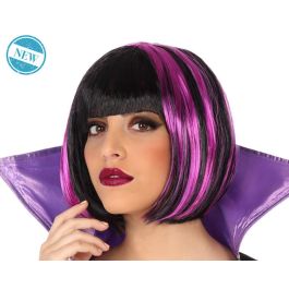Peluca Corta Lisa Negra Con Mechas Moradas Para Disfraz De Vampiresa O Hechicera Halloween Cosplay Precio: 3.50000002. SKU: B1GSS234PR