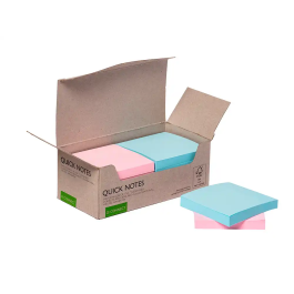 Q-connect Bloc de Notas Adhesivas Quita y Pon 76x76 mm Papel 100% Reciclado Colores Pasteles en Caja de Cartón