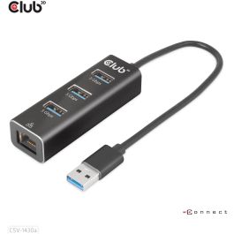 Club3D Hub USB 3.2 Gen 1 Tipo-A con 3 Puertos y Adaptador Gigabit Ethernet, Negro, Conectividad Alámbrica