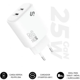 Subblim Cargador GaN 25W USB-C Doble Puerto Carga Rápida PD 3.0 PPS SUBCHG-6G2520 Blanco Precio: 11.49999972. SKU: B1KKKXS4B2