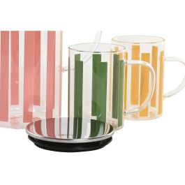 DKD Home Decor Jarra Moderno de Cristal y Inox, Set de 3, Verde Amarillo Coral a Rayas 10x22.5x17cm, 1.2L, Apto Lavavajillas
