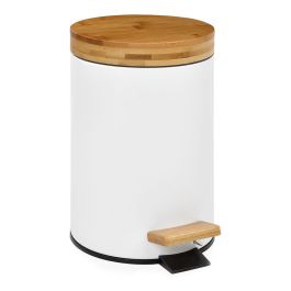 Andrea House Papelera de Baño a Pedal, Tapa de Bambú, Cierre Suave, Blanca, 3L, Metal, Cilíndrica, Cubo Extraíble Ø17x26cm