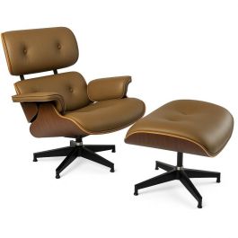 DKD Home Decor Butaca Vintage Set de 2 Piezas, Nogal y PU, Camel Marrón, con Reposapiés, Desmontable, Asiento 35cm, 89x87x79 cm