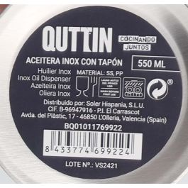 Aceitera de acero inoxidable 550 ml con tapón Quttin (12 Unidades) Aceitera de acero inoxidable 550 ml con tapón Quttin (12 Unidades)