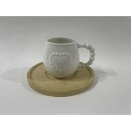 DKD Home Decor Tazas de Café Básicos Blanco 150ml Porcelana y Bambú Set 6 Corazón 7.5 x 7 x 10.5 cm