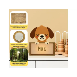 Wondee Lámpara Quitamiedos Personalizable Perro para Niños con Nombre, Luz Nocturna de Madera Sostenible y Carga USB-C