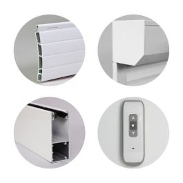 Persiana enrollable de PVC doble pared motorizada radioeléctrica 1.55 x 1.2 m Blanca, con cajuela y correderas de aluminio termolacado