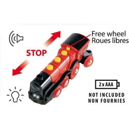 Brio World 33592 - Potente locomotora roja a pilas de madera con faros y sonido, juguete infantil para niños +3 años