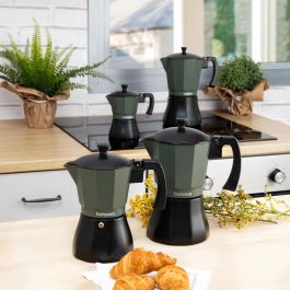 Bidasoa Cafetera Aluminio Vera 12 Tazas Verde Mate, Fondo Inducción Total, Máxima Eficiencia y Asas Soft Touch