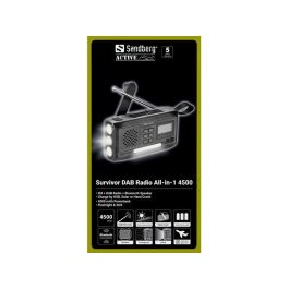Sandberg 4500 Survivor Radio DAB/FM con Power Bank y Altavoz Bluetooth, Carga Solar/Manivela, Linterna