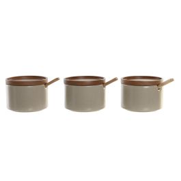 DKD Home Decor Azucarero Moderno Set de 3, Porcelana y Rubberwood, Beige Marrón, 10x7x29 cm, Apto Microondas y Lavavajillas