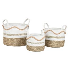 DKD Home Decor Cesta Boho de Seagrass y Algodón Blanco Natural 30x30x30 cm – Set de 3 Cestas Decorativas