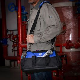 Workpro Bolsa de Herramientas con Cremallera, 21 Bolsillos, Base Impermeable, Boca Ancha, 51x26x29 cm, Negra y Azul