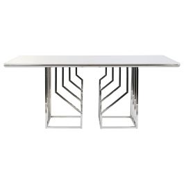 DKD Home Decor Mesa Comedor de Diseño Moderno Acero y Cristal, Acabado Blanco y Plateado, 90x180x75 cm