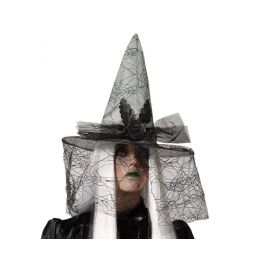 Sombrero de Bruja Gris con Velo Telaraña y Rosa Oscura para Halloween y Disfraces Precio: 2.95000057. SKU: S1132294