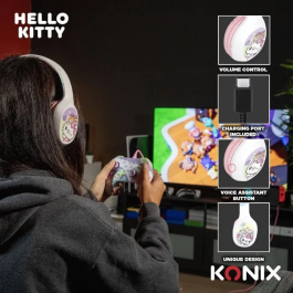 Konix Auriculares Inalámbricos Bluetooth 5.3 Hello Kitty, 30h Batería, Blanco y Rosa, PC Smartphone Tablet