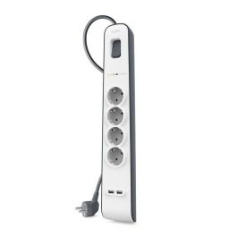 Belkin Regleta de Protección Contra Sobretensiones con 4 Tomas y 2 Puertos USB, Cable de 2 Metros, Blanco-Gris
