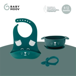 Babymoov FIRST'ISY Dog Blue Juego de Comidas Infantil para 6-12 Meses, Set de 3 Piezas con Bol, Cuchara y Babero Antideslizante y Apto para Microondas y Horno