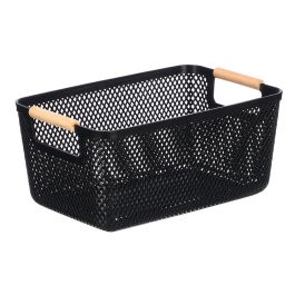 Kipit Cesta de Plástico Negra con Asa de Bambú | Dimensiones: 32 x 20.5 x 14.5 cm (Set de 24)