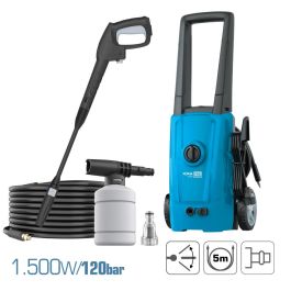 Koma Tools HL-1500 Hidrolimpiadora 1500W 120 Bar Bomba Aluminio Boquilla Ajustable Depósito Jabón Manguera 5m Pro Series Azul/Negro
