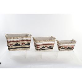 DKD Home Decor Cesta Colonial Natural Granate Set de 3 Piezas Fibra Poliéster 27x24x39 cm