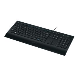 Logitech K280e Teclado USB, Resistente a salpicaduras, Reposamuñecas, Teclas silenciosas, Tamaño completo, Distribución US, Negro