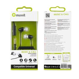 Muvit Auriculares Estéreo con Micrófono MUHPH0016, Almohadillas Intercambiables, Adaptador Jack 3.5mm, Compatibilidad Universal, Negro