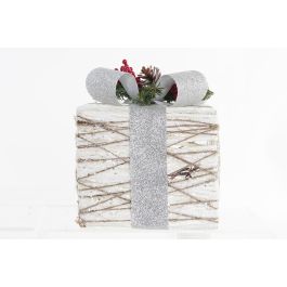 DKD Home Decor Set 3 Regalos Navidad Modernos con LED, Blanco Plateado, de Ratán, Funciona con 3 Pilas AA, 25x28x25 cm