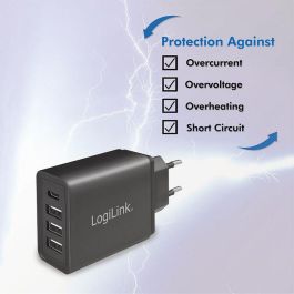 LogiLink 15W, 3x USB Type-A 5V 2.4A 12W, 1x USB Type-C 5V 3A 15W, 100-240V 50/60Hz 0.5A In, 49.5x98x27.8mm, 73g LogiLink 15W, 3x USB Type-A 5V 2.4A 12W, 1x USB Type-C 5V 3A 15W, 100-240V 50/60Hz 0.5A In, 49.5x98x27.8mm, 73g