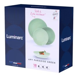 Luminarc Vajilla Opal Apy Paradise Verde 18 Piezas para 6 Personas - Vidrio Templado Resistente y Apilable