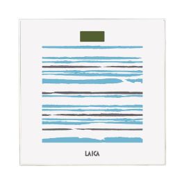 Laica Báscula electrónica de baño blanca con rayas azules y grises, cristal templado 5mm, 150kg, PS1074