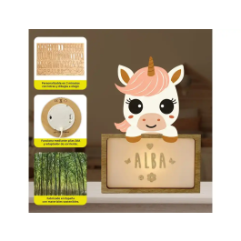 Wondee Lámpara Infantil Personalizable Little Unicorn Abeja Luz Nocturna Quit Miedos Madera Sostenible Batería Cable Tipo C