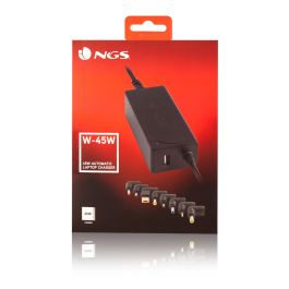 NGS W-45W Cargador Universal para Portátil 45W con 8 Conectores, Salida USB 5V/2A y Voltaje Automático 19-20V