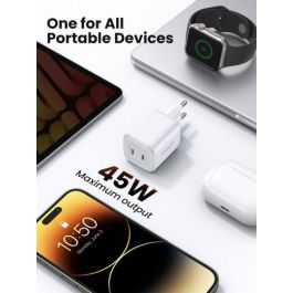 UGREEN Nexode 45W Cargador USB-C Dual PD 3.0 QC 4 (25W+20W) Blanco para Carga Rápida Universal