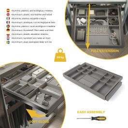 Emuca Kit de cajón organizador y bastidor regulable Quartz para armarios, guías de cierre suave y extracción total, Módulo 80cm, Acabado Titanio