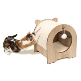 VESPER Minou - Mueble Rascador Escondite para Gatos - Con Cojín de Espuma Viscoelástica y Alfombrilla de Sisal - Marrón Claro 36x36.5x40.5cm
