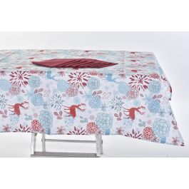 DKD Home Decor Mantel de Navidad Moderno con Diseño de Reno, Set de 9 piezas, Polyester, Azul Celeste y Rojo, 250x150 cm, para 8 personas