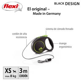 Flexi Correa Black Design Cordón XS 3M Verde Carcasa Negra