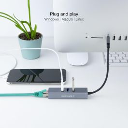 Nano Cable 10.03.0407 Hub USB 3.0 a Ethernet Gigabit con 3 Puertos USB 3.0, Color Gris, Longitud 15 cm