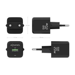 AISENS ASCH-20W2P011-BK Cargador de Pared GaN 20W Carga Rápida Doble Puerto USB-C y USB-A Universal Negro