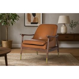 Giner Y Colomer Sillón Moderno en Madera de Caucho y P.U. Marrón Teja con Brazos Curvos