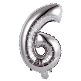 Party Time Globo Cifra 6 Plata 35 cm para Aniversarios y Cumpleaños, Hinchable con Aire o Helio, Reutilizable